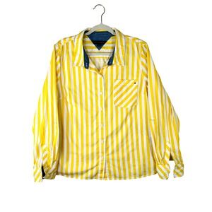 Tommy Hilfiger Womens XL Yellow White Striped Button Down Shirt Roll Tab Sleeve